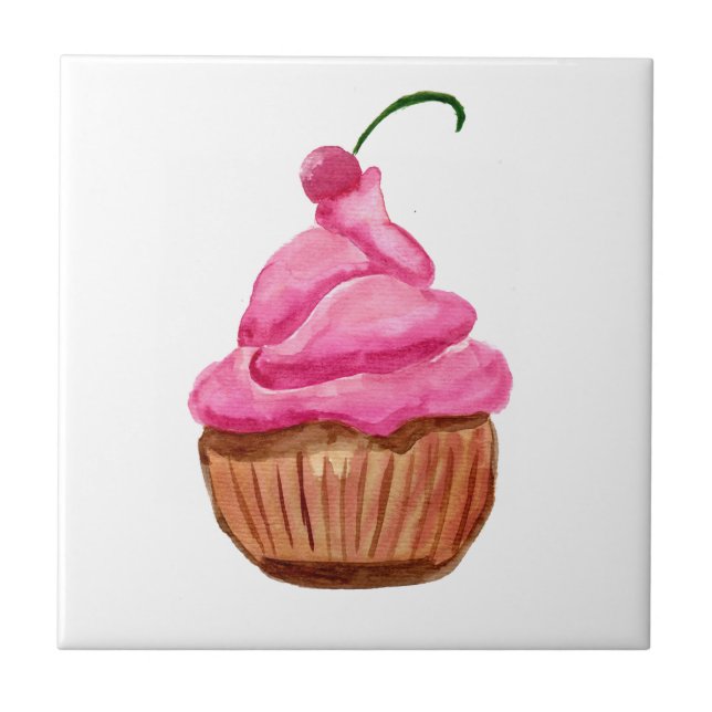 Pink Cupcake with Cherry Ceramic Tile (Front)