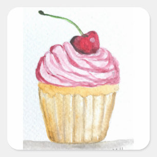Pink cupcake with cherry dessert sweet cake square sticker