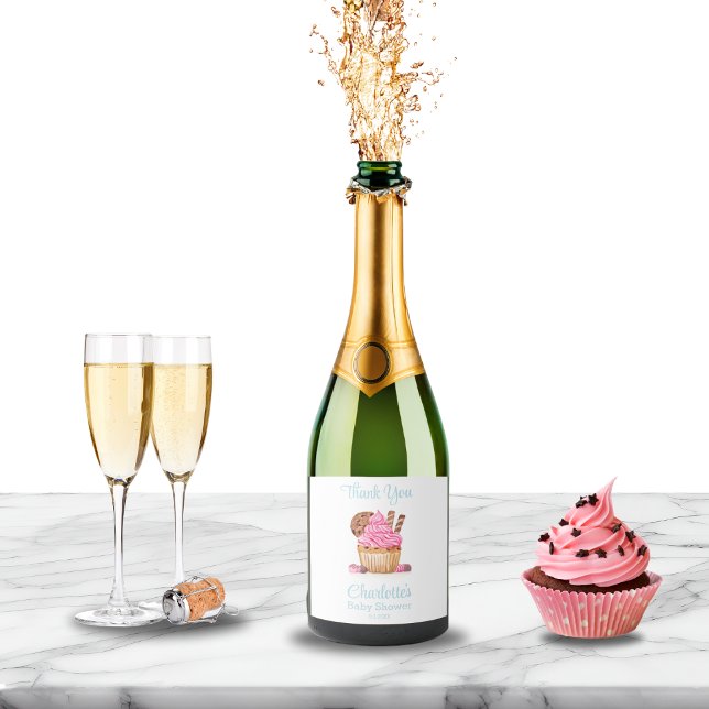  Pink Cupcake With Chocolate Baby Shower Thank You Sparkling Wine Label (Creator Uploaded)