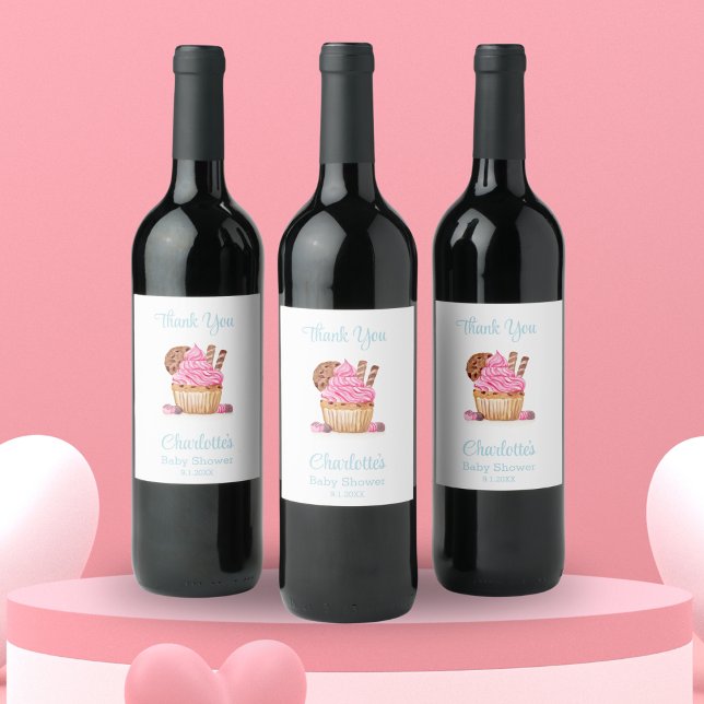  Pink Cupcake With Chocolate Baby Shower Thank You Wine Label (Creator Uploaded)