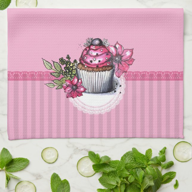 Pink Cupcake with Flowers Kitchen Towel (Folded)
