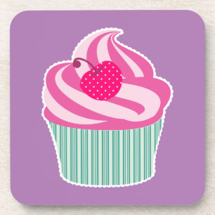 Pink Cupcake WIth Polka Dot Cherry Coaster