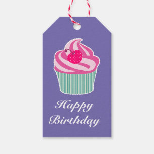 Pink Cupcake WIth Polka Dot Cherry Happy Birthday Gift Tags
