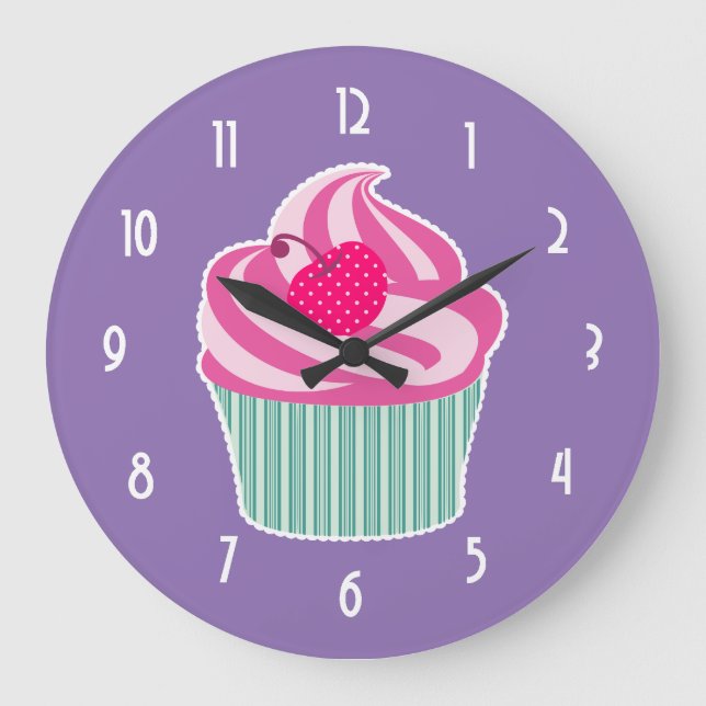 Pink Cupcake WIth Polka Dot Cherry Large Clock (Front)