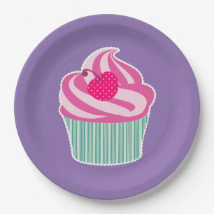 Pink Cupcake WIth Polka Dot Cherry Paper Plate