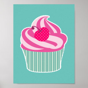 Pink Cupcake WIth Polka Dot Cherry Poster
