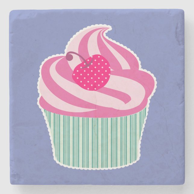 Pink Cupcake WIth Polka Dot Cherry Stone Coaster (Front)