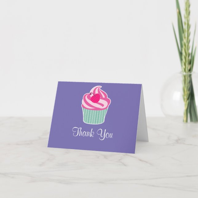 Pink Cupcake WIth Polka Dot Cherry Thank You Card (Front)
