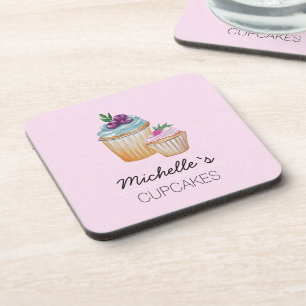 Pink CupCakes And Fruits Watercolor Coaster