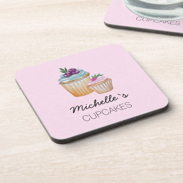 Pink CupCakes And Fruits Watercolor Coaster (Left Side)
