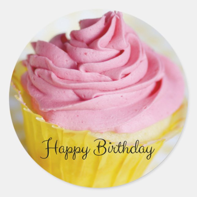 Pink Cupcakes Happy Birthday Classic Round Sticker (Front)