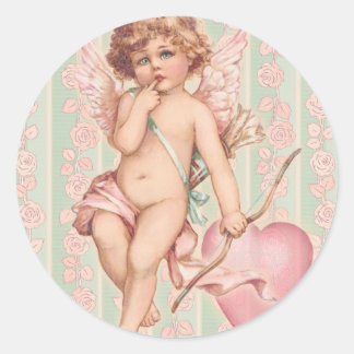 Pink Cupid on Roses Classic Round Sticker