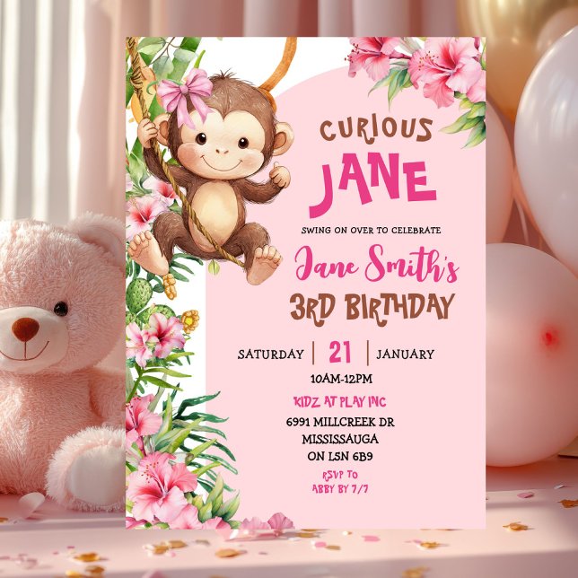 Pink Curious Monkey Safari Theme Birthday Invitation (Creator Uploaded)