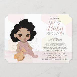 Pink Curly Hair Drive By Baby Shower Invitation 4