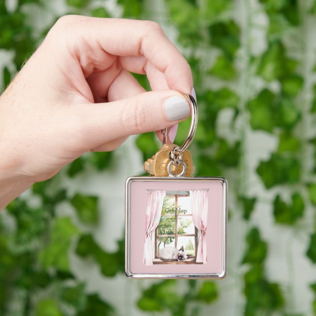 Pink Curtains Cat Nap Window Key Ring (Hand)