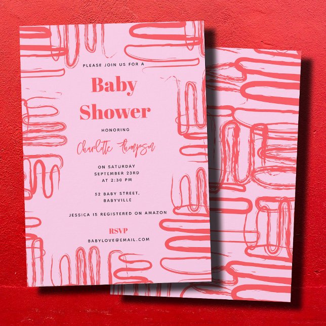 Pink Curve Wavy Squiggle Abstract Baby Shower Invitation (Pink Curve Wavy Squiggle Abstract Baby Shower Invitation)