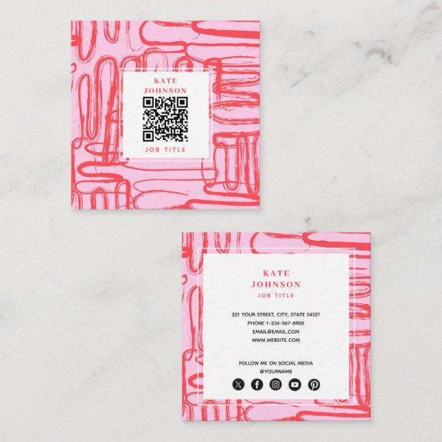Pink Curve Wavy Squiggle Abstract Modern Square Business Card (Front/Back)