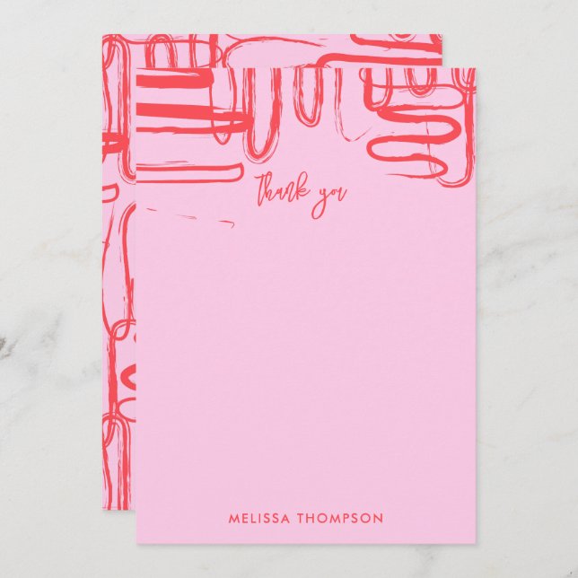 Pink Curve Wavy Squiggle Abstract Modern Thank You Card (Front/Back)