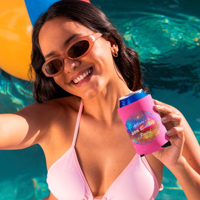 Pink Custom 40th Birthday Groovy Disco Ball Photo Can Cooler (Front)