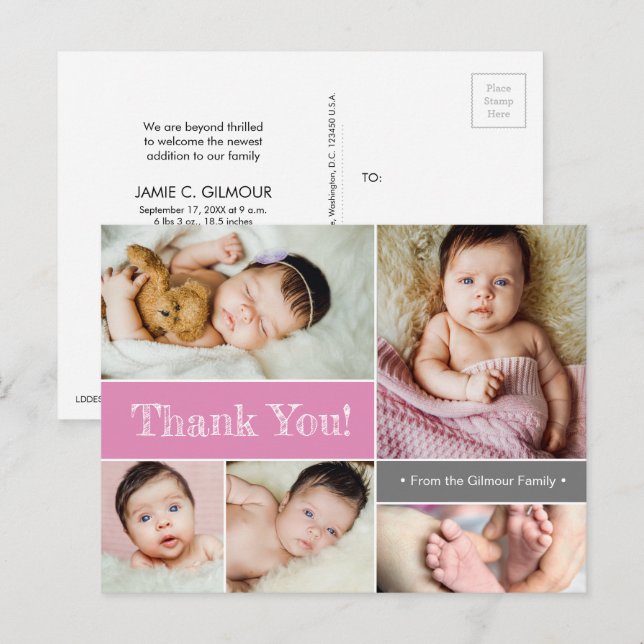 Pink Custom Baby birth announcement Thank You Postcard (Front/Back)
