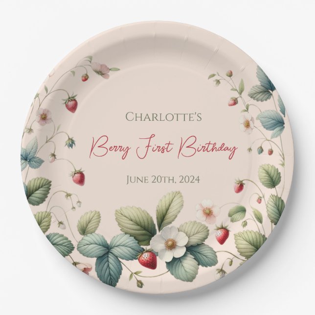 Pink Custom Berry First Birthday  Paper Plate (Front)
