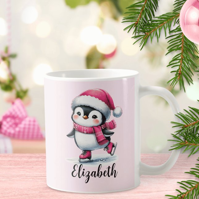 Pink Custom Cute Ice Skating Penguin Christmas Coffee Mug (Creator Uploaded)