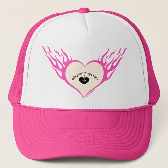 Pink Custom Flaming Heart  Trucker Hat (Front)