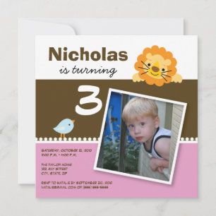Pink Custom Lion & Birdie Birthday Party Invite