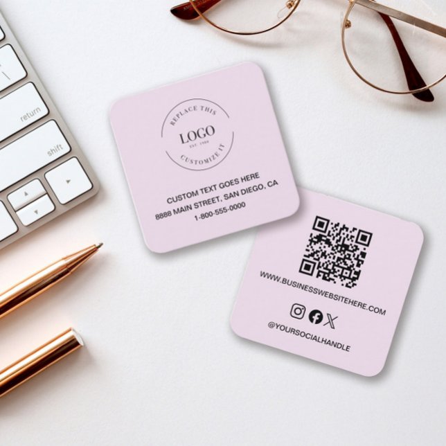 Pink Custom Logo Social Icons QR Code Modern Square Business Card (Modern Pink simple networking business contact QR code website card.)