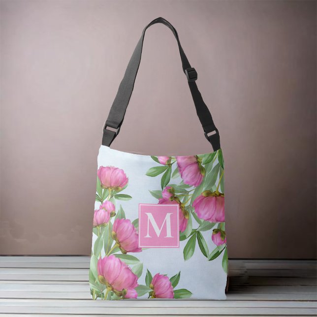 Pink Custom Monogram Floral  Crossbody Bag (Pink Peonies shoulder tote bag.)
