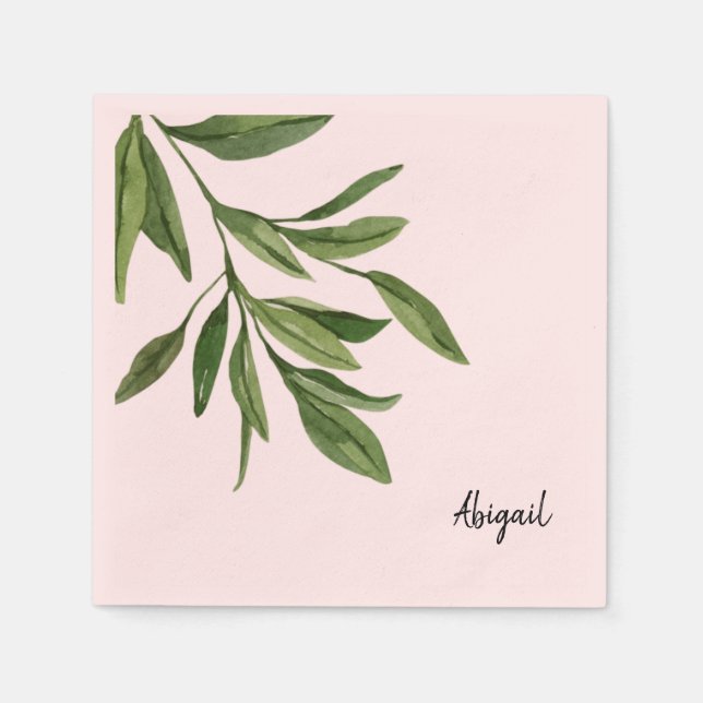 Pink Custom Name Foliage Cocktail Napkin (Front)