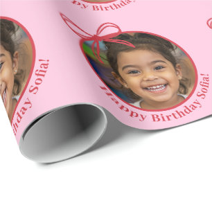 Pink Custom Name Girl Photo Birthday Wrapping Paper