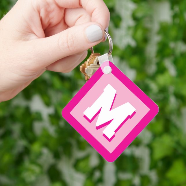 Pink custom name initial monogram square metal key ring (Hand)