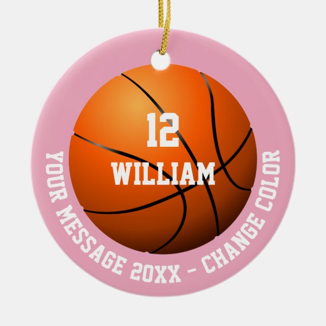Pink Custom Name Number Message Basketball Ceramic Ornament (Front)