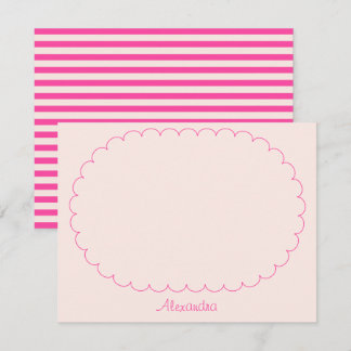 Pink Custom Name Script Stripes & Scalloped Frame Card