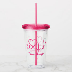Pink Custom Nurse Name Stethoscope Heart Life Line Acrylic Tumbler