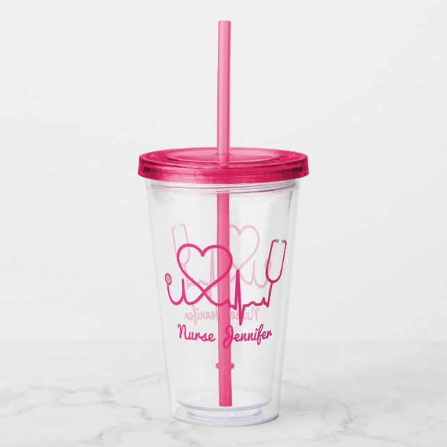 Pink Custom Nurse Name Stethoscope Heart Life Line Acrylic Tumbler (Front)