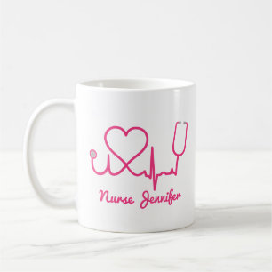Pink Custom Nurse Name Stethoscope Heart Life Line Coffee Mug