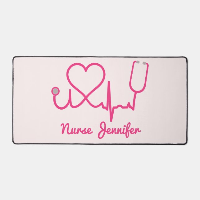 Pink Custom Nurse Name Stethoscope Heart Life Line Desk Mat (Front)