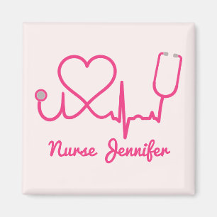 Pink Custom Nurse Name Stethoscope Heart Life Line Magnet