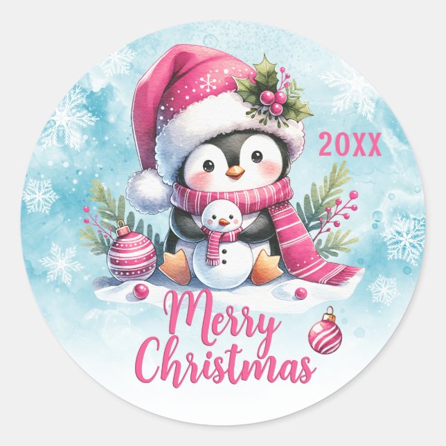 Pink Custom Year Cute Penguin Merry Christmas Classic Round Sticker (Front)
