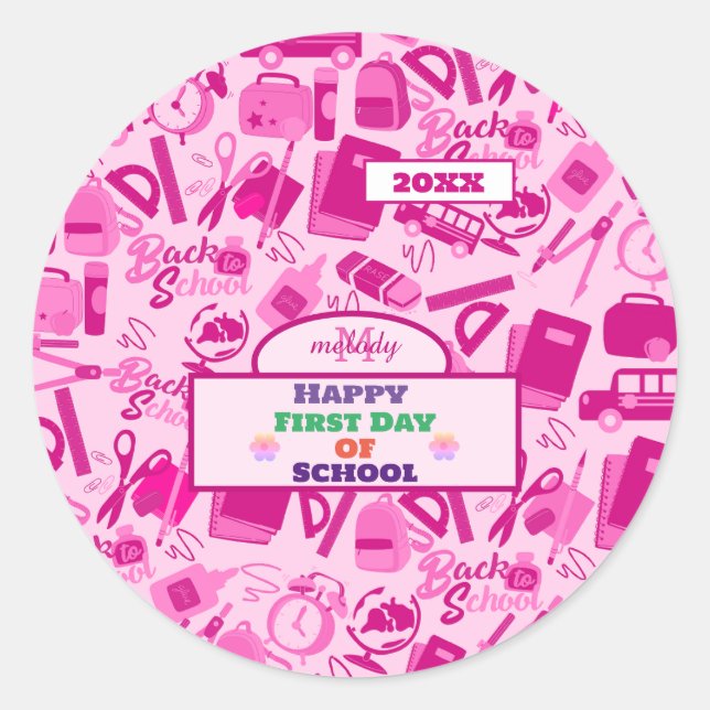 pink Customisable Back to School Pattern  Classic Round Sticker (Front)