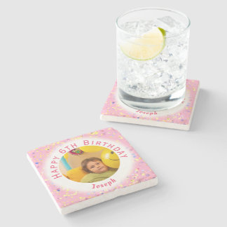 Pink Customisable Watercolor Confetti Birthday Stone Coaster