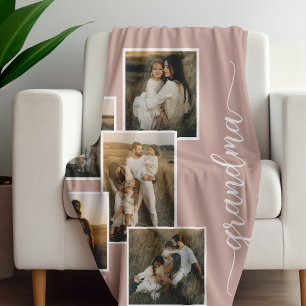 Pink Customised Grandma Grandkid 5 Photo Collage Fleece Blanket