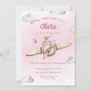 Pink Cute Aeroplane Oh My Time Flies Girl Birthday Invitation