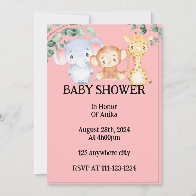 Pink Cute animals baby shower invitation  (Front)