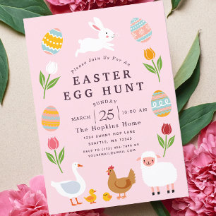 Pink Cute Animals Floral Easter Egg Hunt Invitation