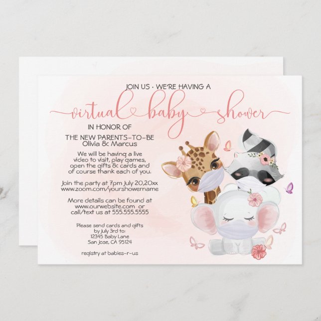 Pink Cute Animals in Masks Virtual Baby Shower Invitation (Front/Back)