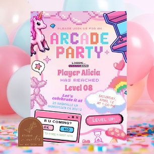 Pink Cute Arcade Game Girl Birthday Invitation
