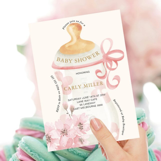 Pink Cute Baby Bottle Baby Shower Invitation (Creator Uploaded)